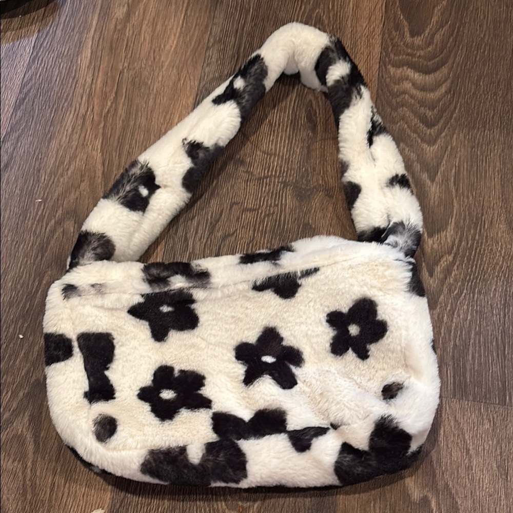 White and Black Faux Fur Shoulder Bag with Paw Print